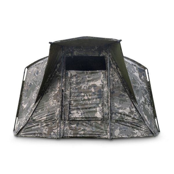 Load image into Gallery viewer, Nash Titan T1 Camo Pro. A camouflage bivvy with an extended awning set up outdoors. Front view, top vent open
