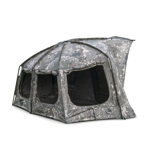 Load image into Gallery viewer, Nash Titan T1 Camo Pro. A camouflage bivvy with an extended awning set up outdoors. Side view, all windows open
