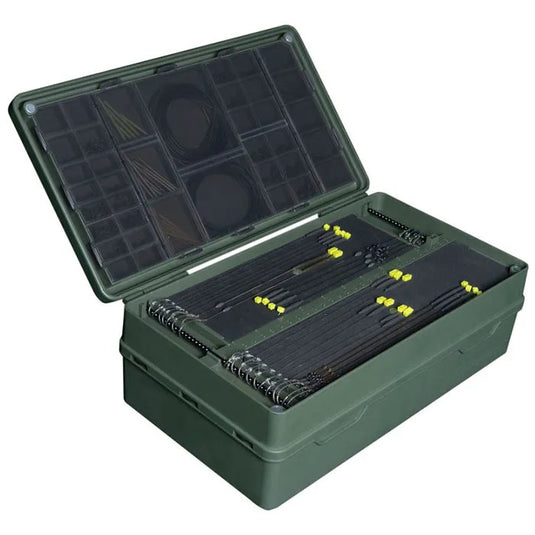 A green Ridgemonkey Armoury Pro Tackle Box with a magnetic lid and multiple storage compartments, some containing fishing tackle and tools. Open