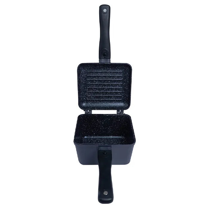 Load image into Gallery viewer, A black, granite-edition skillet with detachable cool-touch handles and a ridged exterior for even heat transfer. Fully Open
