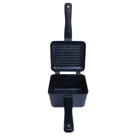A black, granite-edition skillet with detachable cool-touch handles and a ridged exterior for even heat transfer. Fully Open