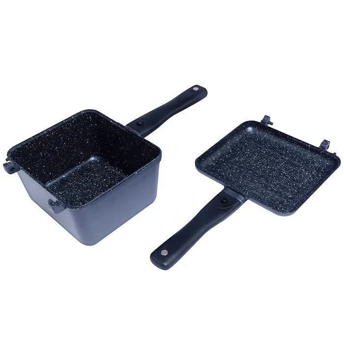 Load image into Gallery viewer, A black, granite-edition skillet with detachable cool-touch handles and a ridged exterior for even heat transfer. In Half
