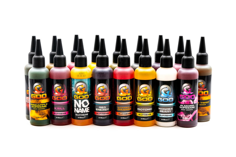Load image into Gallery viewer, Multiple bottles of Korda Goo in various colors, designed for use in fishing, labeled with the brand and product name. The full range
