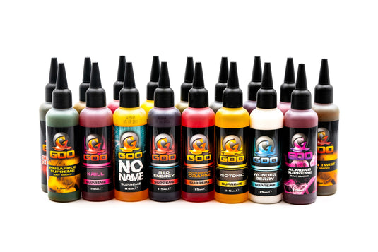 Multiple bottles of Korda Goo in various colors, designed for use in fishing, labeled with the brand and product name. The full range